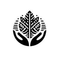 A stylized, symmetrical features a leaflike motif nestled within two cupped hands, evoking themes of nurture, nature, and care in a minimalist, black and white . vector