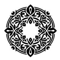 Ornate Black White Circular Mandala with Symmetrical Floral Geometric Patterns Centering an Open Square Space. vector