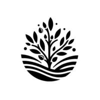 Abstract black and white depicting a stylized tree with leaves and fruit within a rounded, layered shape, evoking growth and nature. vector