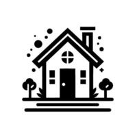 Minimalist black and white house featuring a chimney, circular window, door, trees and dots for a property or home concept. vector
