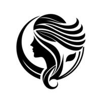 Elegant Black and White Silhouette of a Womans Profile Framed by Flowing Hair and Botanical Elements, Symbolizing Beauty and Natural Harmony. vector