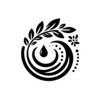 Symbolic Black and White Circular Featuring Leaves, a Water Drop, Swirls, a Flower, and Dot Pattern vector