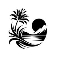 A stylized black and white emblem showcasing a flower, mountain, and lake scene framed by decorative leaf elements, evoking tranquility. vector