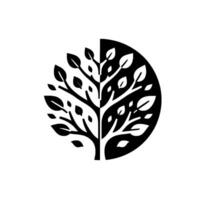 A minimalist yinyang inspired tree , composed of black and white halves, representing balance and growth, with stylized leaves on branches, set against a clean, bright white background. vector