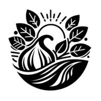 A stylized black and white featuring a fig surrounded by leaves, radiating sun, and flowing lines, conveying a sense of growth and nature. vector