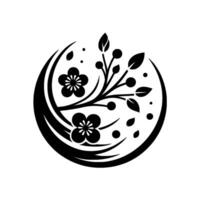 Elegant black and white minimalist floral featuring stylized plum blossoms, leaves, berries, and curved lines enclosed in a circular composition on a pristine white backdrop. vector