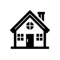 A minimalist black and white of a house, featuring a gabled roof, chimney, round window with cross, and symmetrical windows and door, set against a stark white background. vector