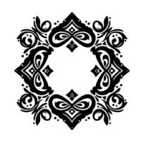 Intricate Black and White Ornamental Mandala with symmetrical details, featuring stylized floral motifs and geometric patterns around a central blank space. vector