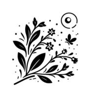 Elegant black and white botanical illustration, featuring stylized floral elements, a butterfly, dots, and a sunlike on a clean white background, creating a minimalist and decorative aesthetic vector