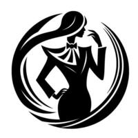 Elegant Silhouette A stylized, blackandwhite depiction of a stylish woman within a circular frame, showcasing poise and sophistication. vector