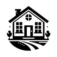 Stylized Black and White Illustration of a House Featuring Trees and a Winding Path, Radiating Simplicity and Tranquility. vector