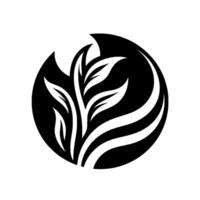 Monochrome Botanical Emblem A stylized, organic depicting a cluster of leaves and flowing lines within a circular frame, creating a balanced . vector