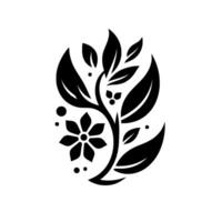 A minimalist black and white floral illustration featuring a stylized flower, leaves, and berries, creating a symmetrical on a stark white background. vector