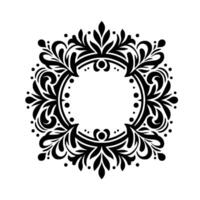 Ornate, circular black and white floral featuring symmetrical flourishes and decorative leaves framing a central empty circle, creating an elegant, vintageinspired frame. vector