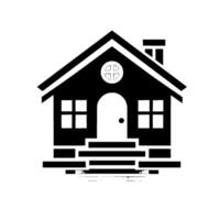 Minimalist black and white house with a stylized chimney, round window, arched door, and subtle reflection, evoking simple home ownership. vector