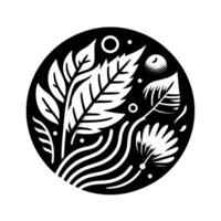 Botanical Emblem A stylized circular featuring leaves, flowing lines, and dotted accents in contrasting black and white, creating a harmonious and balanced composition. vector