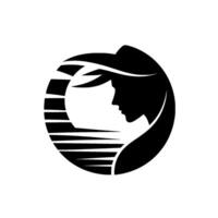 Silhouette of a woman wearing a hat framed by a stylized sunrise , evoking introspection and serenity in a monochromatic, circular composition. vector