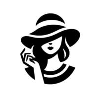 Elegant Silhouette A stylish woman in a widebrimmed hat, partially obscuring her face, holding a hand to her face with a monochrome, minimalist . vector
