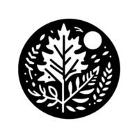 A minimalist black and white circular emblem featuring a stylized tree with leaves, moon and surrounding floral elements, evoking natures harmony. vector