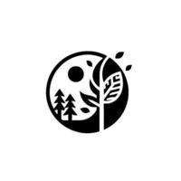 A minimalist, yinyang inspired featuring trees, foliage, sun, and a serene natural harmony, all in black and white. vector