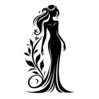 Elegant Silhouette of a Woman in Evening Gown Adorned with Floral Vines, a Striking Black and White . vector