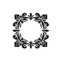 Elegant Black Floral Frame Symmetrical with Leaf and Curl Motifs, Surrounding Empty Center on White Background. vector