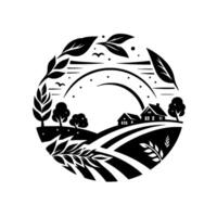 A serene, circular silhouette of a rural landscape, featuring farmhouses, rolling hills, trees, and foliage framing a tranquil countryside vista. vector