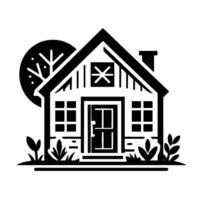 A Minimalist Black and White Illustration of a House with a Tree, Shrubs, Windows, and a Chimney, Representing Home and Nature. vector