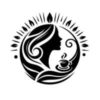 Elegant silhouette of a woman enjoying coffee within a floral and leafadorned circular , representing a tranquil and refreshing experience. vector