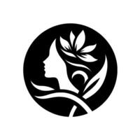 Elegant Silhouette of a Womans Profile Within a Circle, Adorned with Floral Accents and Lush Leaves, Representing Nature and Femininity. vector