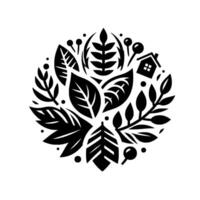 A circular monochrome natureinspired , featuring leaves, berries, and a house, symbolizing harmony, growth, and community, with clean lines and a minimalist aesthetic. vector