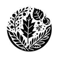 Monochromatic, circular A stylized illustration of natural elements including leaves, berries, and foliage, arranged in a and symmetrical composition. vector