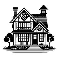 Architectural Illustration of a Black and White Storybook House with Decorative Roof, Chimney, Trees, and Landscaping, on a White Background. vector