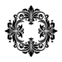 Intricate symmetrical black and white floral , a circular decorative ornament, showcasing elaborate stylized leaves, curls, and flourishes against a pure white background. vector