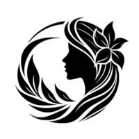 A serene, stylized silhouette of a woman in profile framed by flowing hair, floral accents, and surrounding stylized foliage within a circular composition. vector
