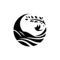 Elegant black and white circular emblem, featuring a bird in flight, nestled within an arc, mountains and a stylized tree branch with leaves, conveying peace and serenity. vector