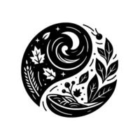 A Yin and Yang Symbol Depicting Natures Elements Swirling Vortex, Leaves, Berries, and Stars in Contrasting Black and White. vector
