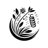 A stylized floral and abstract , enclosed in a crescent shape, featuring leaves, a flower, and an abstract spiral, rendered in black and white. vector
