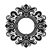 Intricate Black and White Ornamental Featuring a Central Circular Emptiness Surrounded by Symmetrical Floral and Swirl Motifs with Decorative Diamond Accents, Set Against a Pure White Backgroun vector