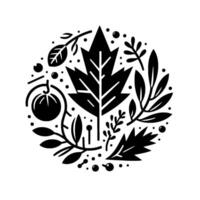 A stylized monochrome circular composition with a central maple leaf, surrounded by various botanical elements and dots, evoking a sense of natural harmony. vector