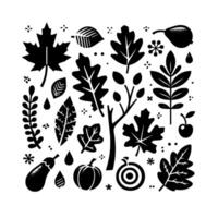 A symmetrical, minimalist illustration of various autumnal elements, including leaves, fruits, and floral details, presented in bold black and white. vector