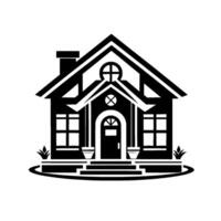A symmetrical, black and white illustration of a charming house, featuring a detailed roof, arched doorway, windows, a chimney, and a simplistic garden, presented against a clean white background. vector