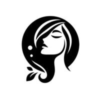 Elegant Black and White Silhouette A womans serene face enclosed in a circle, with flowing hair, delicate leaves and soft details. vector