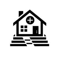 Monochrome Illustration of a Clinic or Hospital Building with a Cross Symbol, Steps, and Clean, Minimalist . vector