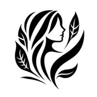 A stylized black and white illustration of a womans silhouette, framed by delicate leaves, evoking natures beauty and feminine grace. vector