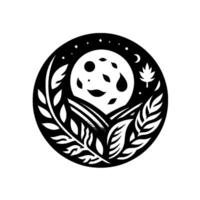 A stylized, minimalist blackandwhite emblem depicting a full moon with craters, stars, and leaves, enclosed within a circular border. vector