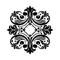 Intricate symmetrical floral in monochrome, composed of swirling leaves, flourishes, and a central diamond shape on a stark white background. vector