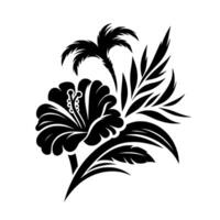 Intricate Black and White Floral Featuring a Hibiscus Flower, Palm Frond, and Lush Foliage, Isolated on White. vector