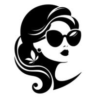 A Stylish Womans Silhouette in Black and White, Adorned with Sunglasses and a Leaf Earring, Exuding Elegance. vector