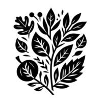 A stylized, monochromatic botanical illustration featuring a variety of leaves, berries, and an apple, arranged in an oval composition against a white background. vector